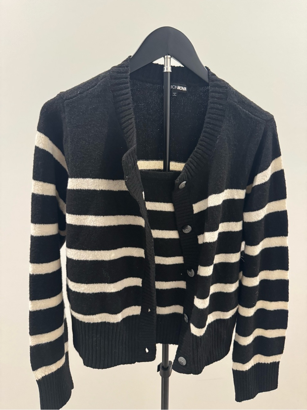 Fashion Nova Black & White Striped Cropped Button Cardigan